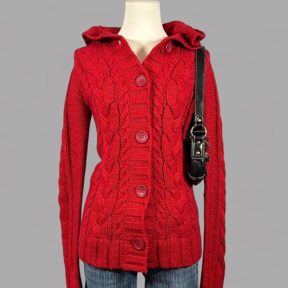 Y2K Arizona Red Cable Knit Thick Long Sleeve Sweater Cardigan Hood Womens S